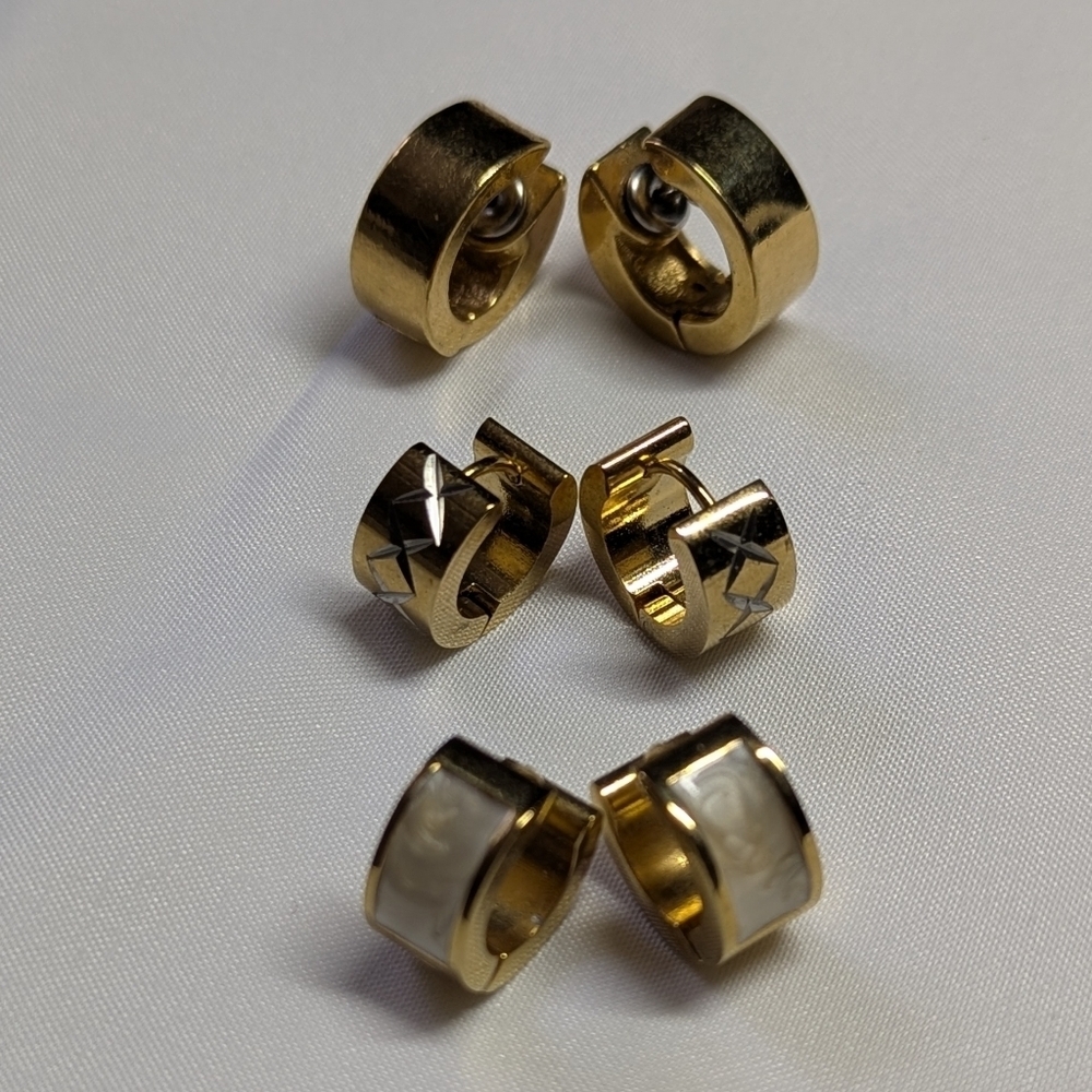 Set Of (3) Huggie Goldtone Hoop Earrings - Picture 8 of 9